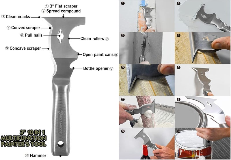 Rolling Dog 10 in 1 Painter's Tool - Stainless Steel Mirror Polished One Piece Blade And Laser Engraved Handle,3 inch Multifunction Putty Knife Drywall Paint Scraper - Image 2